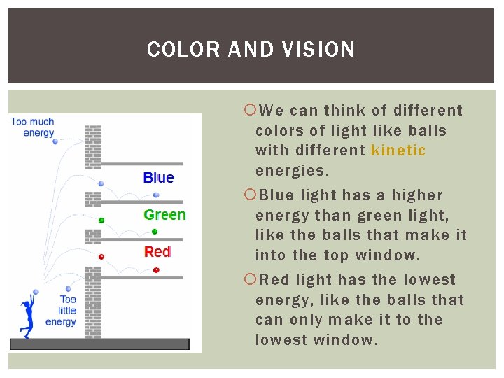 COLOR AND VISION We can think of different colors of light like balls with