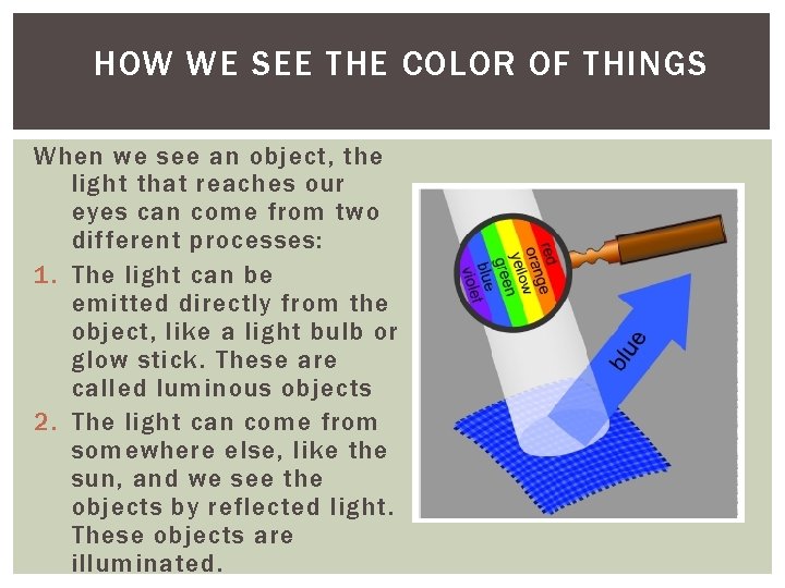 HOW WE SEE THE COLOR OF THINGS When we see an object, the light