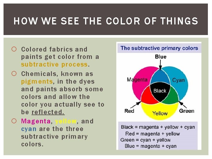 HOW WE SEE THE COLOR OF THINGS Colored fabrics and paints get color from