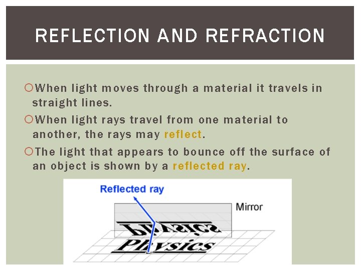 REFLECTION AND REFRACTION When light moves through a material it travels in straight lines.