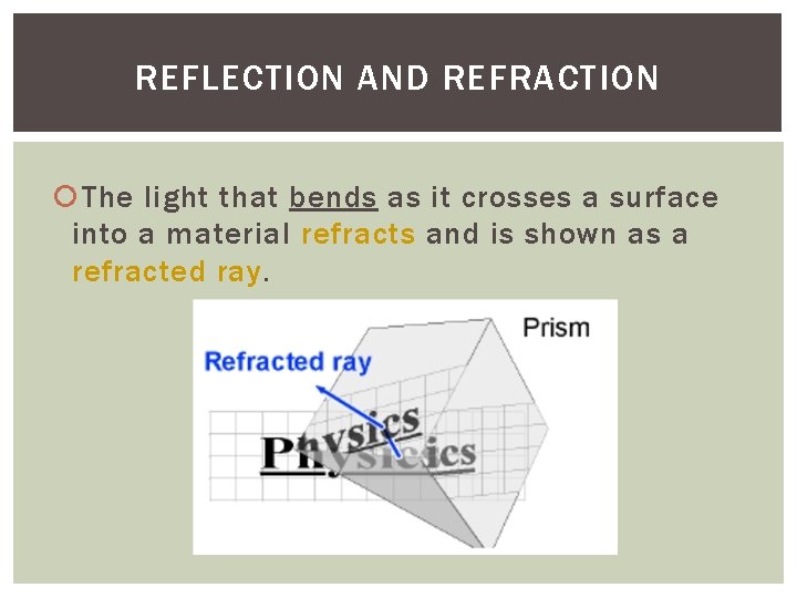 REFLECTION AND REFRACTION The light that bends as it crosses a surface into a