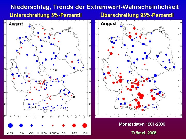 Niederschlag, Trends der Extremwert-Wahrscheinlichkeit Unterschreitung 5%-Perzentil Überschreitung 95%-Perzentil August Monatsdaten 1901 -2000 Trömel, 2005