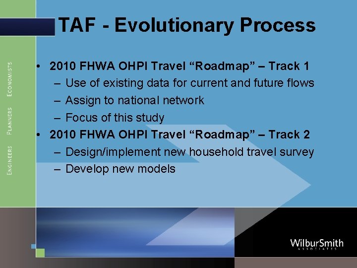 TAF - Evolutionary Process • 2010 FHWA OHPI Travel “Roadmap” – Track 1 –