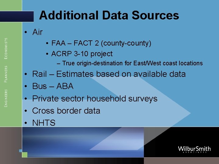 Additional Data Sources • Air • FAA – FACT 2 (county-county) • ACRP 3