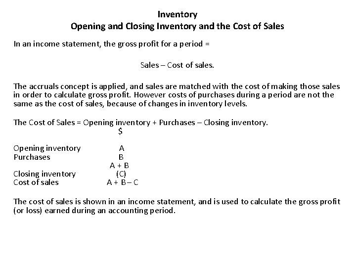 Inventory Opening and Closing Inventory and the Cost of Sales In an income statement,