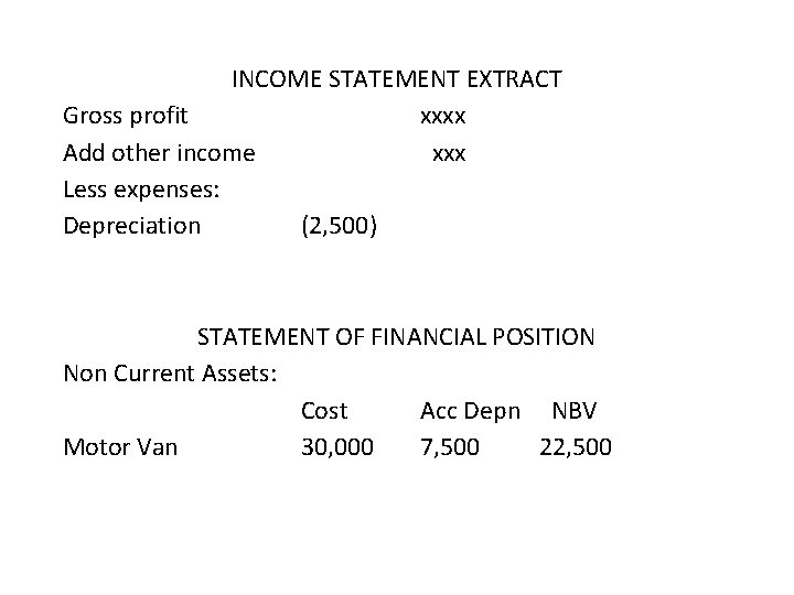 INCOME STATEMENT EXTRACT Gross profit xxxx Add other income xxx Less expenses: Depreciation (2,