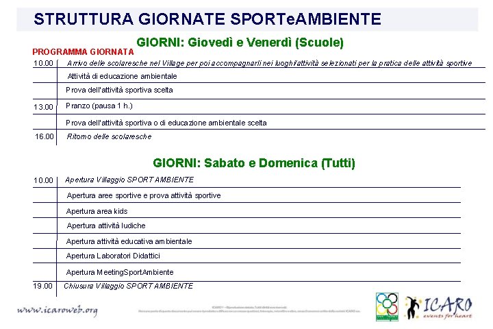 STRUTTURA GIORNATE SPORTe. AMBIENTE PROGRAMMA GIORNATA 10. 00 GIORNI: Giovedì e Venerdì (Scuole) Arrivo