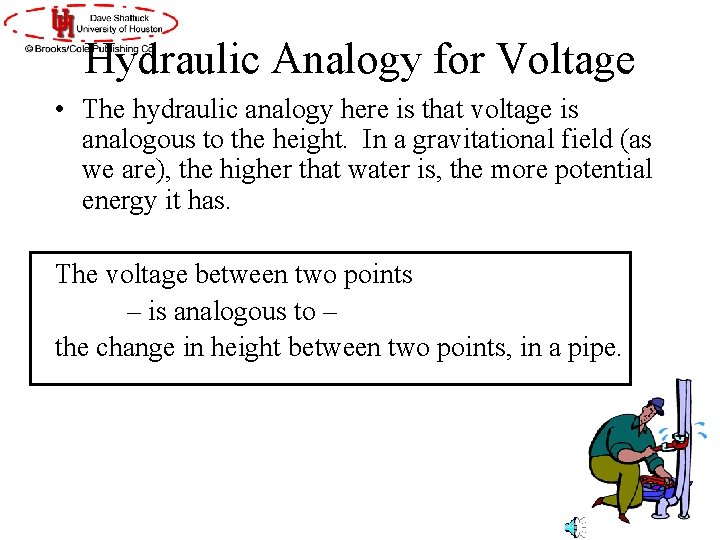 Hydraulic Analogy for Voltage • The hydraulic analogy here is that voltage is analogous Hydraulic Analogy for Voltage • The hydraulic analogy here is that voltage is analogous
