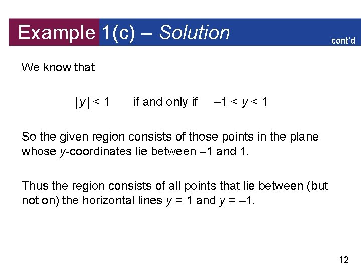 Example 1(c) – Solution cont’d We know that |y| < 1 if and only