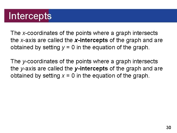 Intercepts The x-coordinates of the points where a graph intersects the x-axis are called