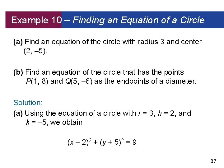 Example 10 – Finding an Equation of a Circle (a) Find an equation of