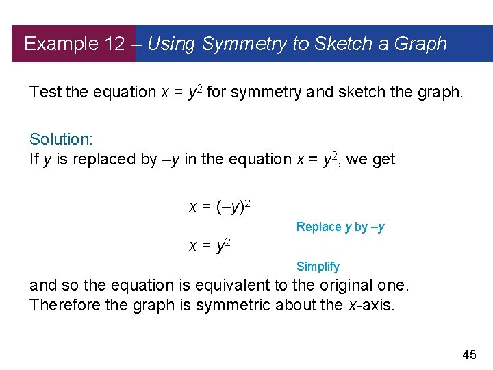 Example 12 – Using Symmetry to Sketch a Graph Test the equation x =