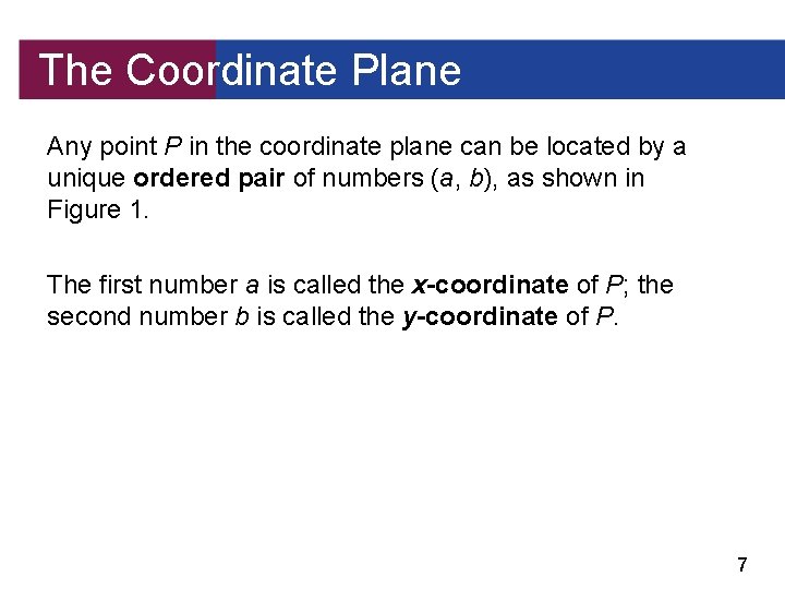 The Coordinate Plane Any point P in the coordinate plane can be located by