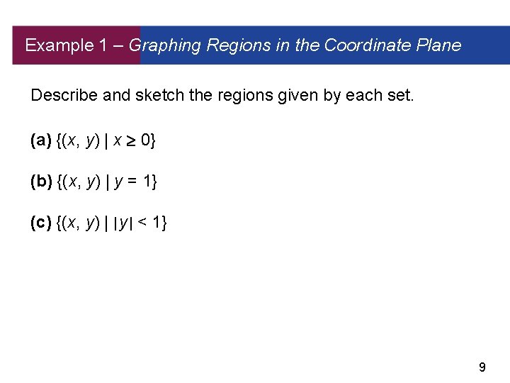 Example 1 – Graphing Regions in the Coordinate Plane Describe and sketch the regions