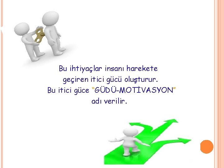 Bu ihtiyaçlar insanı harekete geçiren itici gücü oluşturur. Bu itici güce “GÜDÜ-MOTİVASYON” adı verilir. Bu ihtiyaçlar insanı harekete geçiren itici gücü oluşturur. Bu itici güce “GÜDÜ-MOTİVASYON” adı verilir.