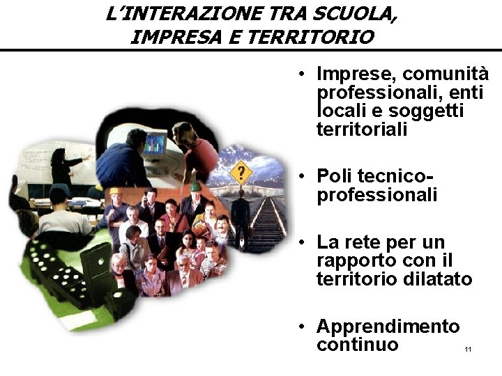 L’INTERAZIONE TRA SCUOLA, IMPRESA E TERRITORIO • Imprese, comunità professionali, enti locali e soggetti