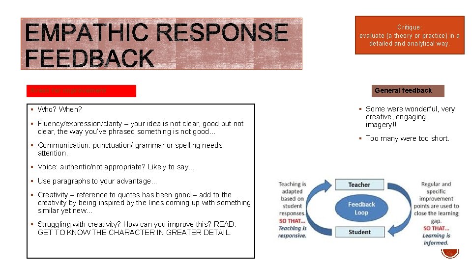Critique: evaluate (a theory or practice) in a detailed analytical way. Areas for improvement Critique: evaluate (a theory or practice) in a detailed analytical way. Areas for improvement