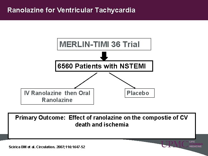 Ranolazine for Ventricular Tachycardia MERLIN-TIMI 36 Trial 6560 Patients with NSTEMI IV Ranolazine then