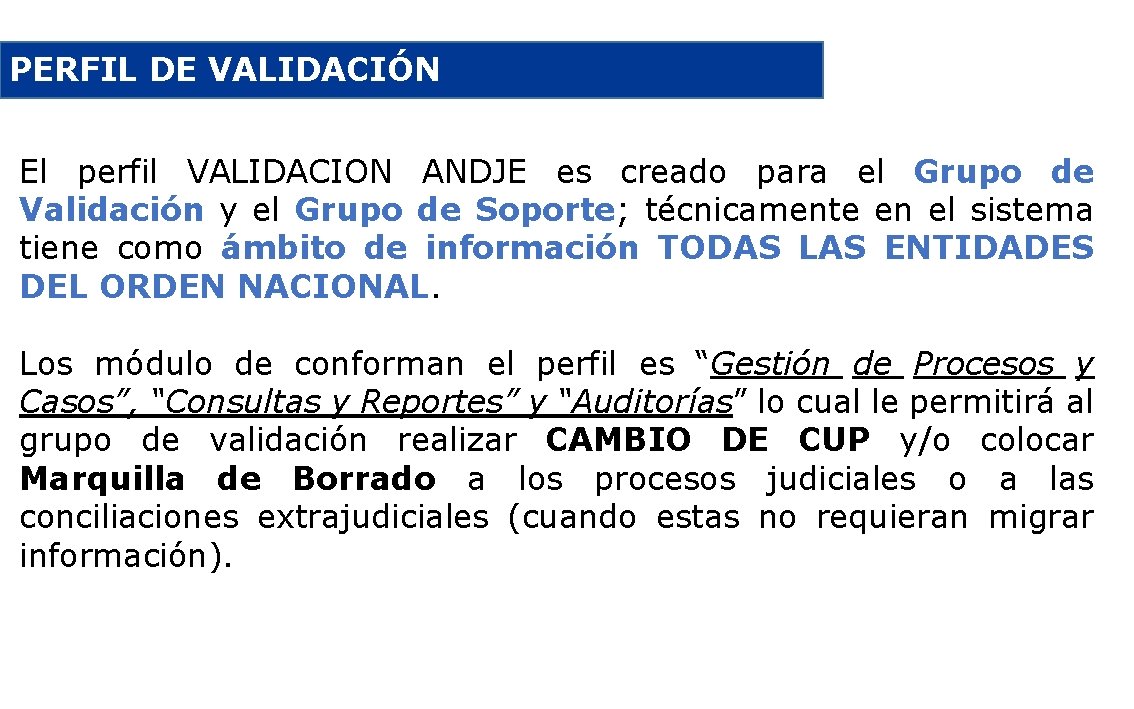 PERFIL DE VALIDACIÓN El perfil VALIDACION ANDJE es creado para el Grupo de Validación