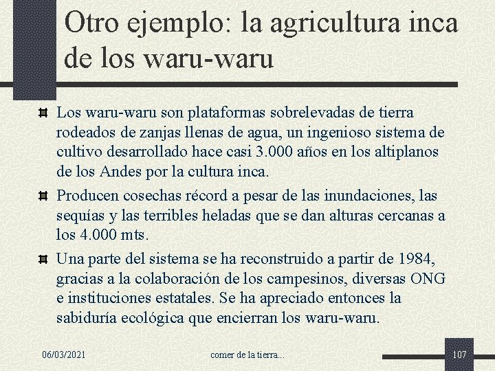 Otro ejemplo: la agricultura inca de los waru-waru Los waru-waru son plataformas sobrelevadas de