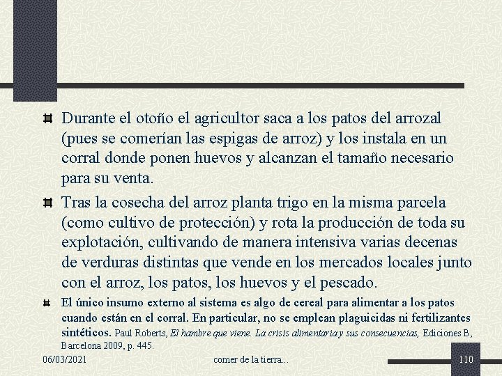 Durante el otoño el agricultor saca a los patos del arrozal (pues se comerían