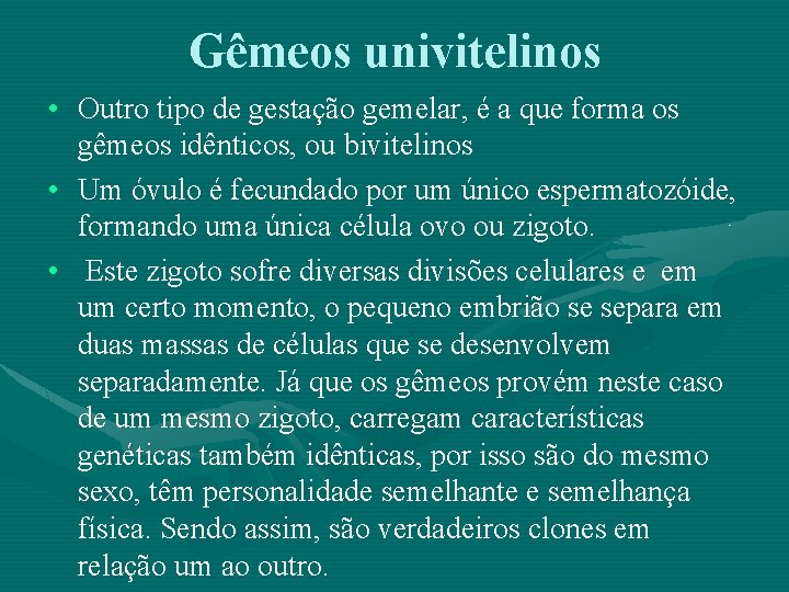 Gêmeos univitelinos • Outro tipo de gestação gemelar, é a que forma os gêmeos