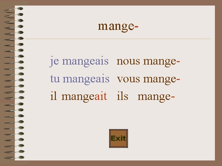 mangeje mangeais nous mangetu mangeais vous mangeil mangeait ils mange. Exit 