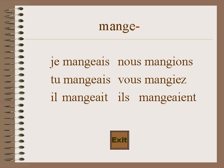 mangeje mangeais nous mangions tu mangeais vous mangiez il mangeait ils mangeaient Exit 