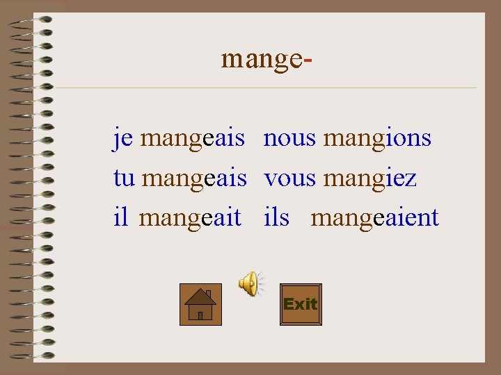 mangeje mangeais nous mangions tu mangeais vous mangiez il mangeait ils mangeaient Exit 