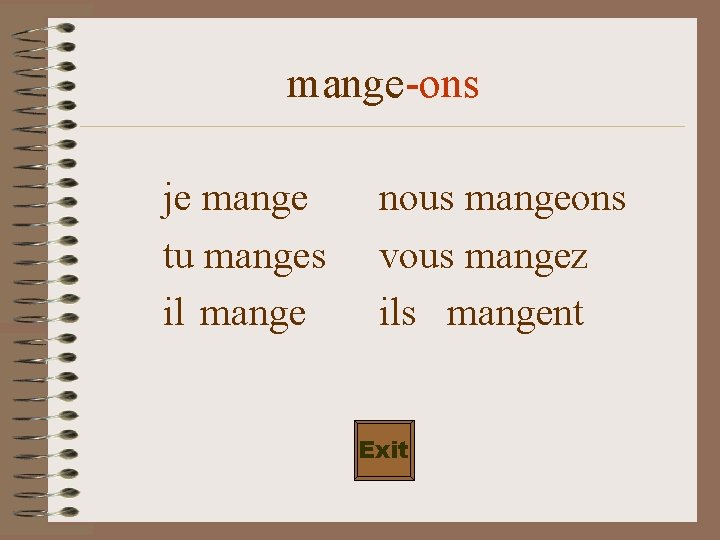 mange-ons je mange tu manges il mange nous mangeons vous mangez ils mangent Exit