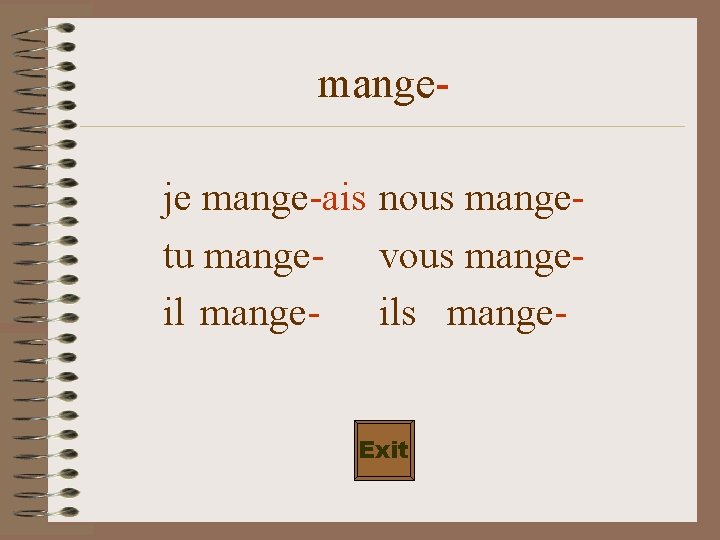 mangeje mange-ais nous mangetu mange- vous mangeil mange- ils mange. Exit 