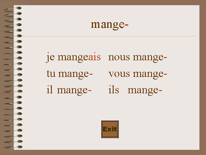 mangeje mangeais nous mangetu mange- vous mangeil mange- ils mange. Exit 