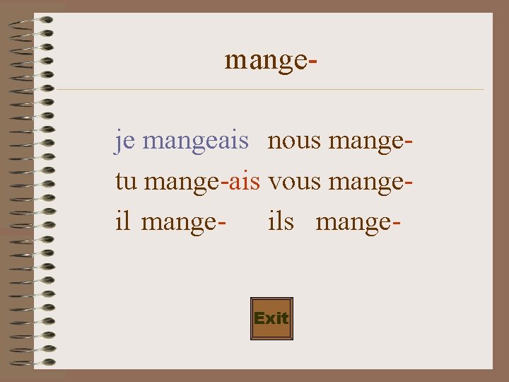 mangeje mangeais nous mangetu mange-ais vous mangeil mange- ils mange. Exit 