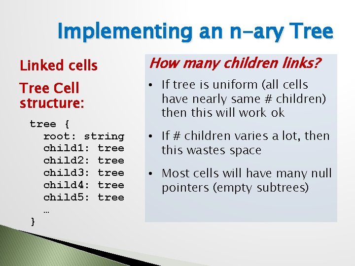 Implementing an n-ary Tree Linked cells Tree Cell structure: tree { root: string child