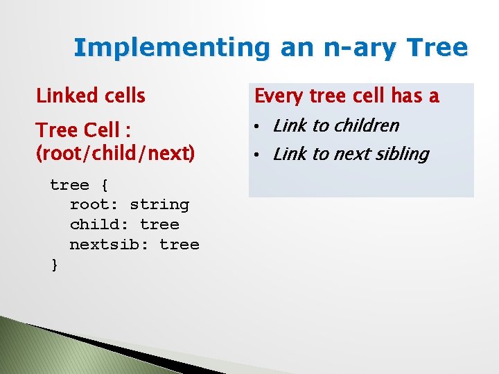 Implementing an n-ary Tree Linked cells Every tree cell has a Tree Cell :