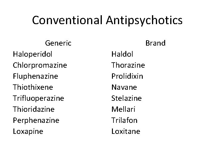 Conventional Antipsychotics Generic Haloperidol Chlorpromazine Fluphenazine Thiothixene Trifluoperazine Thioridazine Perphenazine Loxapine Brand Haldol Thorazine