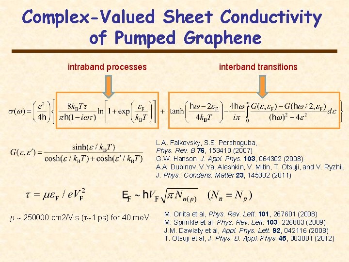 Complex-Valued Sheet Conductivity of Pumped Graphene intraband processes interband transitions L. A. Falkovsky, S. Complex-Valued Sheet Conductivity of Pumped Graphene intraband processes interband transitions L. A. Falkovsky, S.