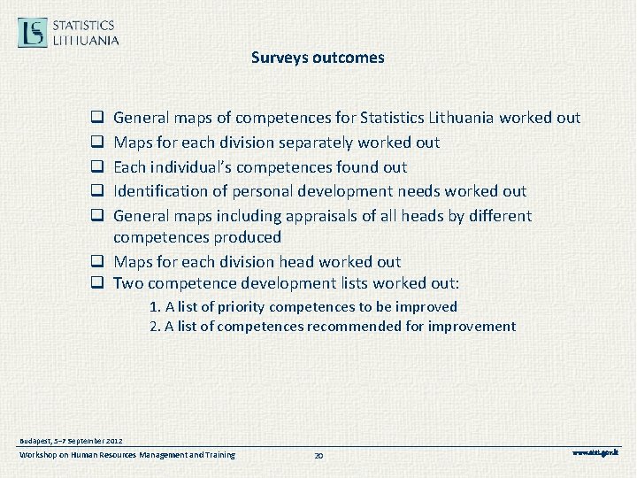 Surveys outcomes General maps of competences for Statistics Lithuania worked out Maps for each