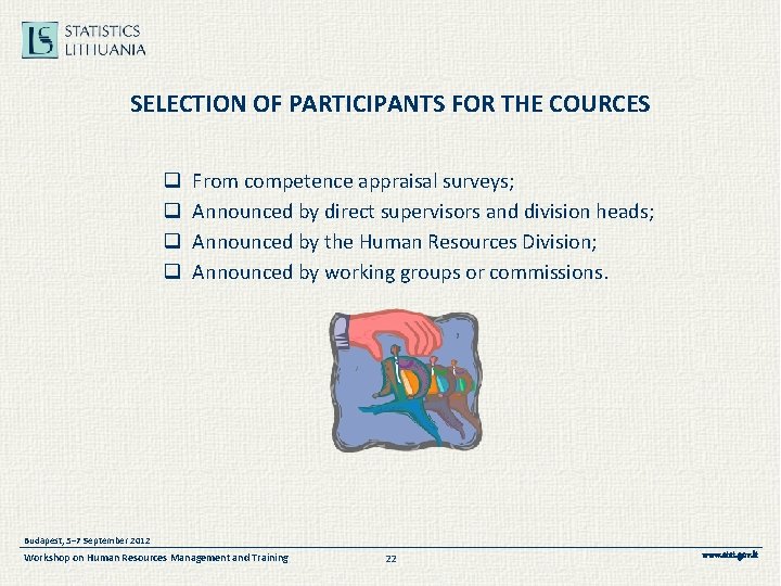 SELECTION OF PARTICIPANTS FOR THE COURCES q q From competence appraisal surveys; Announced by