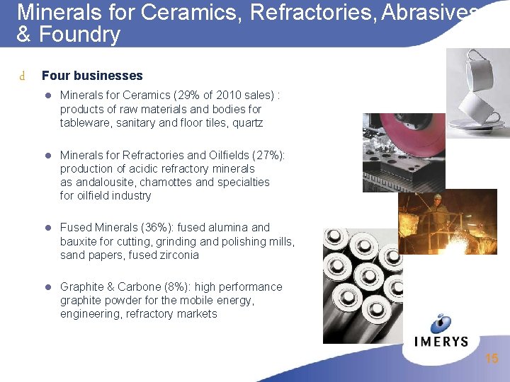 Minerals for Ceramics, Refractories, Abrasives & Foundry d Four businesses l Minerals for Ceramics