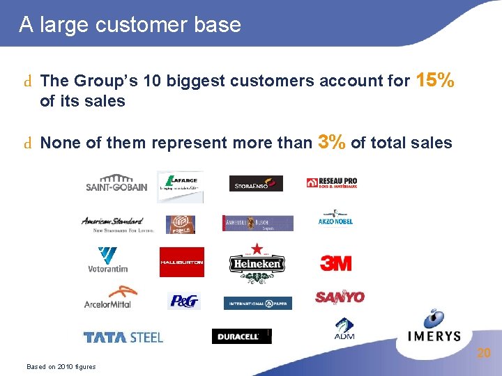 A large customer base d The Group’s 10 biggest customers account for 15% of