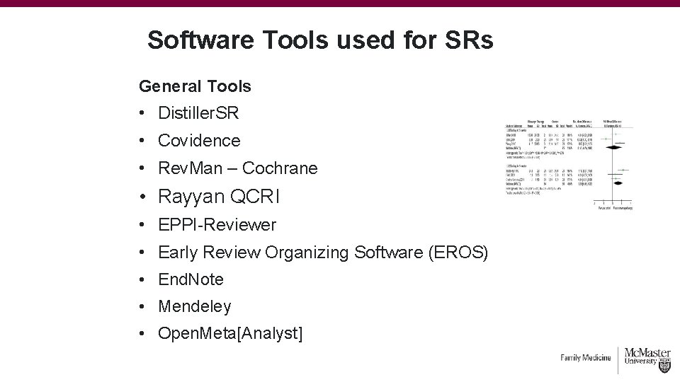 Software Tools used for SRs General Tools • Distiller. SR • Covidence • Rev.