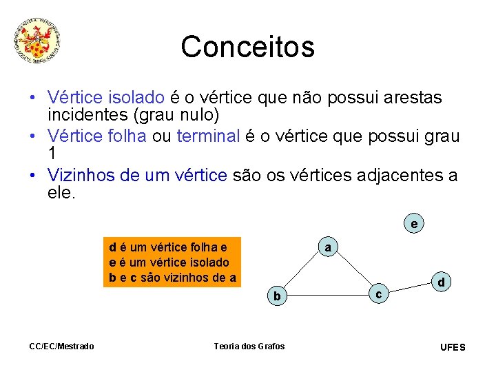 Conceitos • Vértice isolado é o vértice que não possui arestas incidentes (grau nulo)