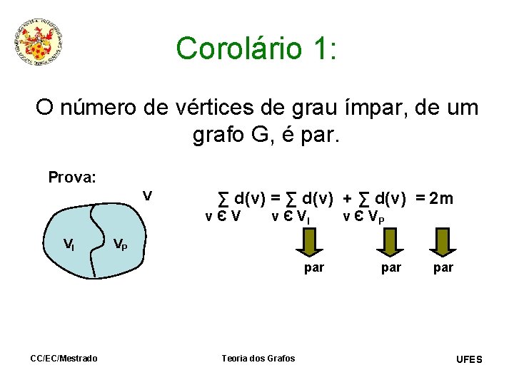 Corolário 1: O número de vértices de grau ímpar, de um grafo G, é