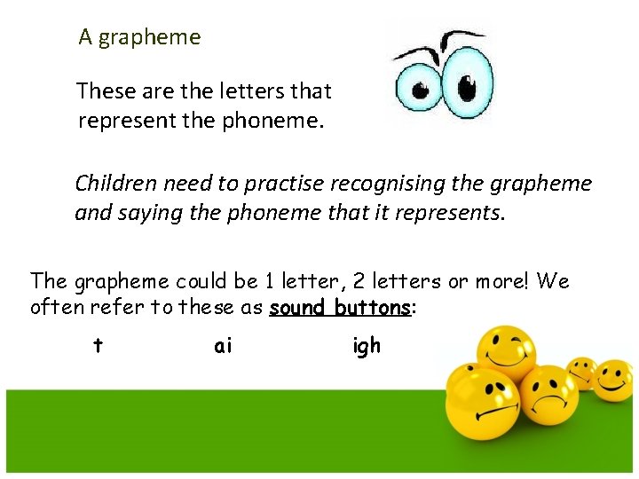 A grapheme These are the letters that represent the phoneme. Children need to practise