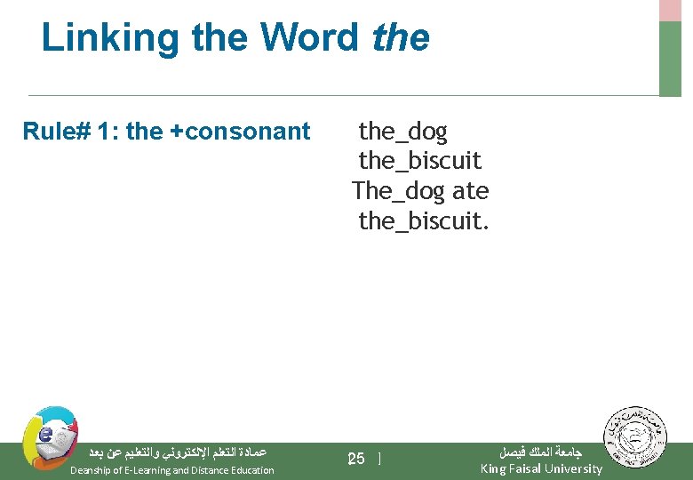 Linking the Word the Rule# 1: the +consonant ﻋﻤﺎﺩﺓ ﺍﻟﺘﻌﻠﻢ ﺍﻹﻟﻜﺘﺮﻭﻧﻲ ﻭﺍﻟﺘﻌﻠﻴﻢ ﻋﻦ ﺑﻌﺪ