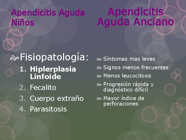 Apendicitis Aguda Niños Apendicitis Aguda Anciano Fisiopatología: Síntomas leves 1. Hiplerplasia Linfoide Signos menos