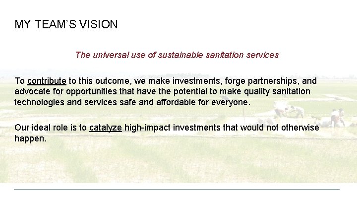 MY TEAM’S VISION The universal use of sustainable sanitation services To contribute to this