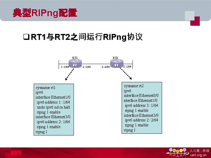 典型RIPng配置 q RT 1与RT 2之间运行RIPng协议 RT 1 1: : 1/64 sysname rt 1 ipv