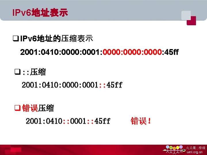 IPv 6地址表示 q IPv 6地址的压缩表示 2001: 0410: 0001: 0000: 45 ff q : :